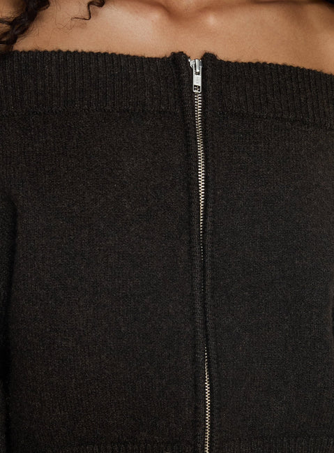 product Princess Polly Ortensa Off Shoulder Zip Through Jumper Brown 