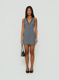 Fabrizia Halter Lace Trim Mini Dress Navy Check