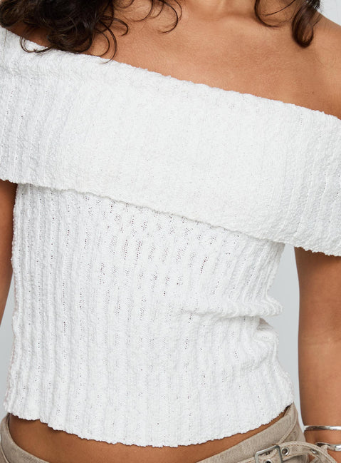 back view of model wearing Princess Polly Murmur Off Shoulder Top White Short Sleeves straight 