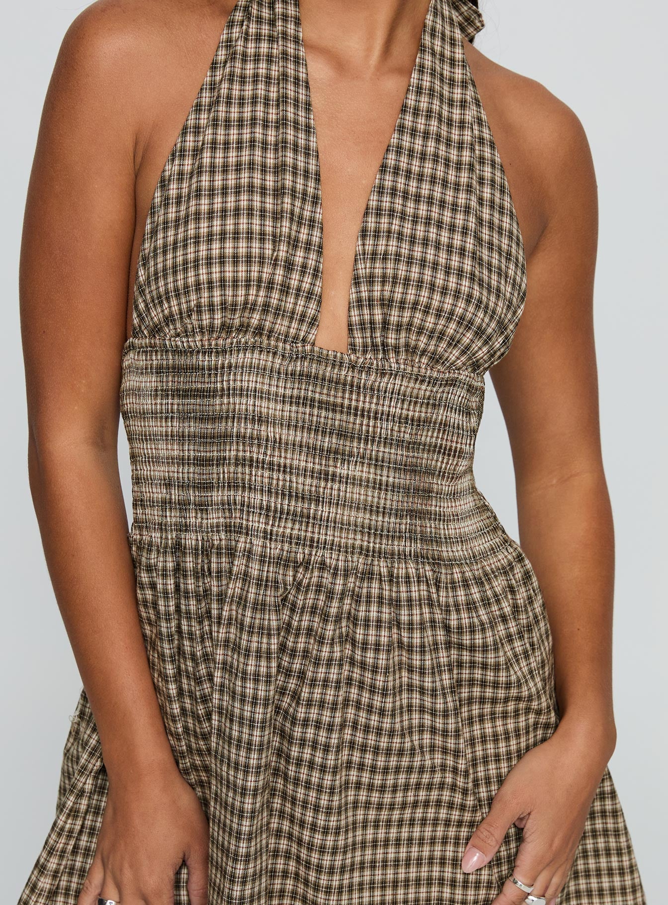 Princess Polly Women's Juanette Check Halter Minidress - Natural - Mini dresses Princess Polly Women's Juanette Check Halter Minidress - Natural - Mini dresses