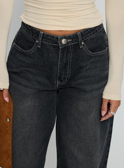 front view of model wearing Princess Polly Naylor Wide Leg Jeans Grey Wash Low Rise Jeans 