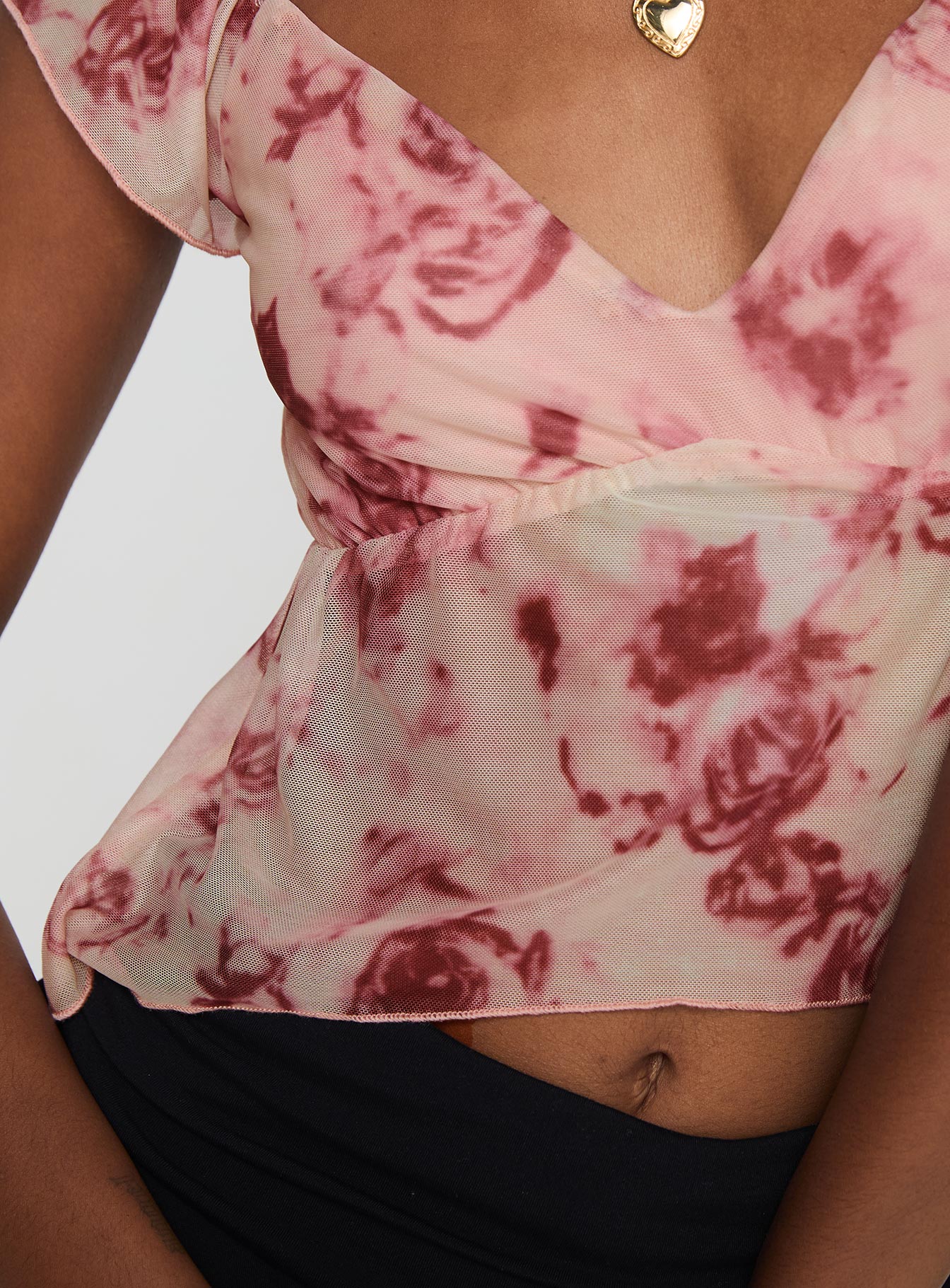 back view of model wearing Princess Polly Time After Top Pink Floral Short Sleeves V-Neck 