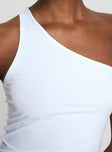 One shoulder top Asymmetric hem, slim fit Good stretch, unlined 