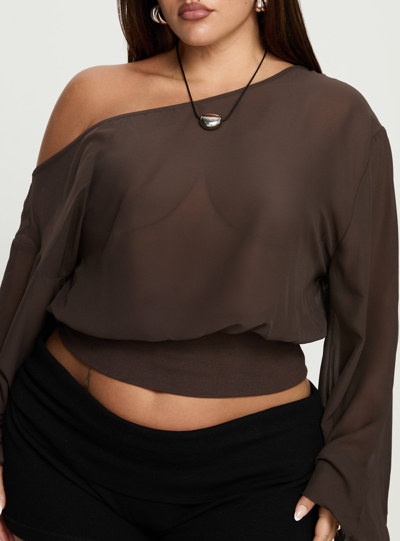 Idalina Slouchy Chiffon Top Brown Curve