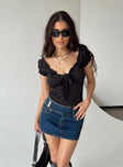 side view of model wearing Princess Polly Medina Bodysuit Black Petite Short Sleeves Sweetheart 