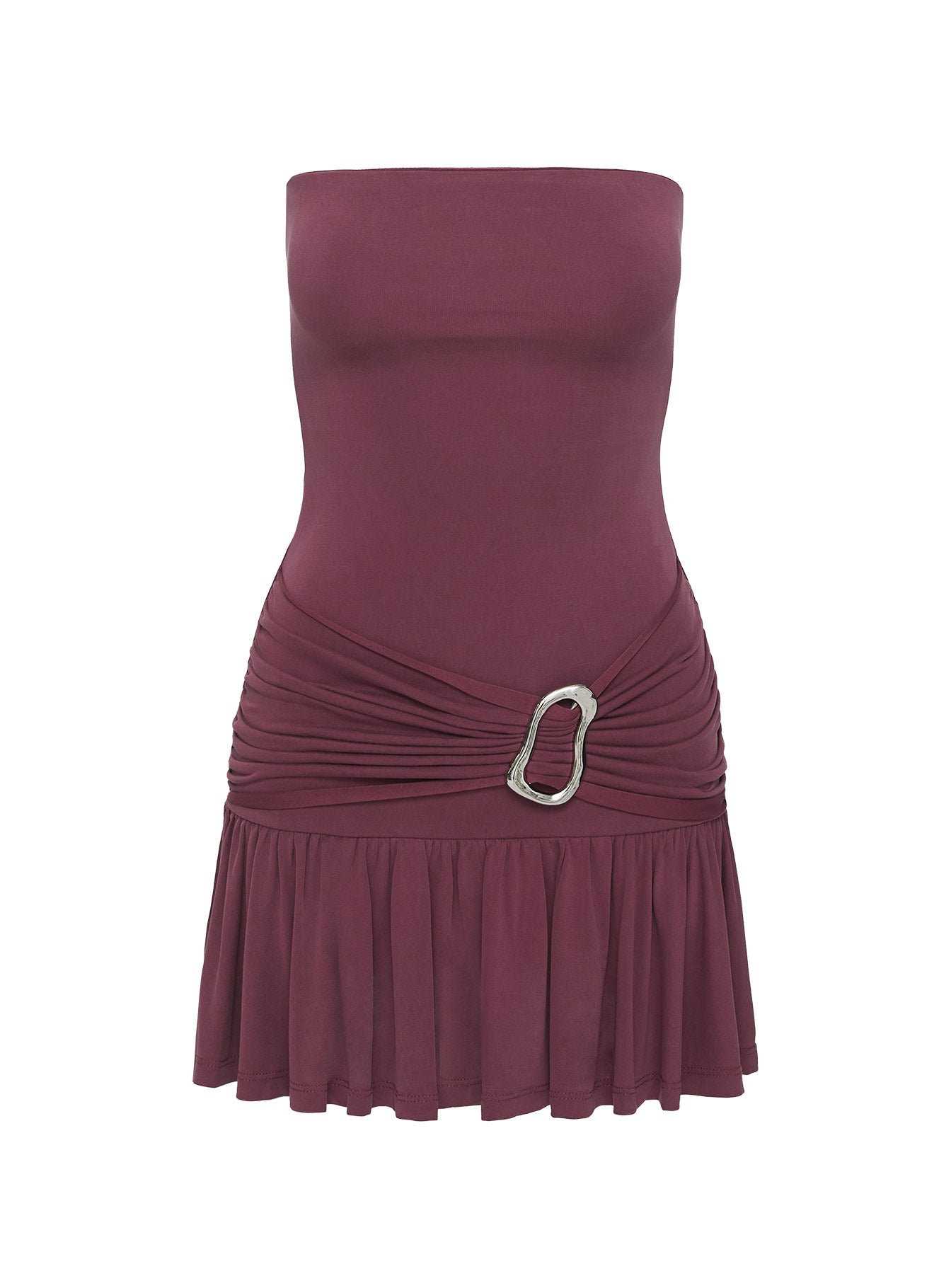 side view of model wearing Princess Polly Love Lingers Strapless Mini Dress Burgundy Petite Straight Neck 