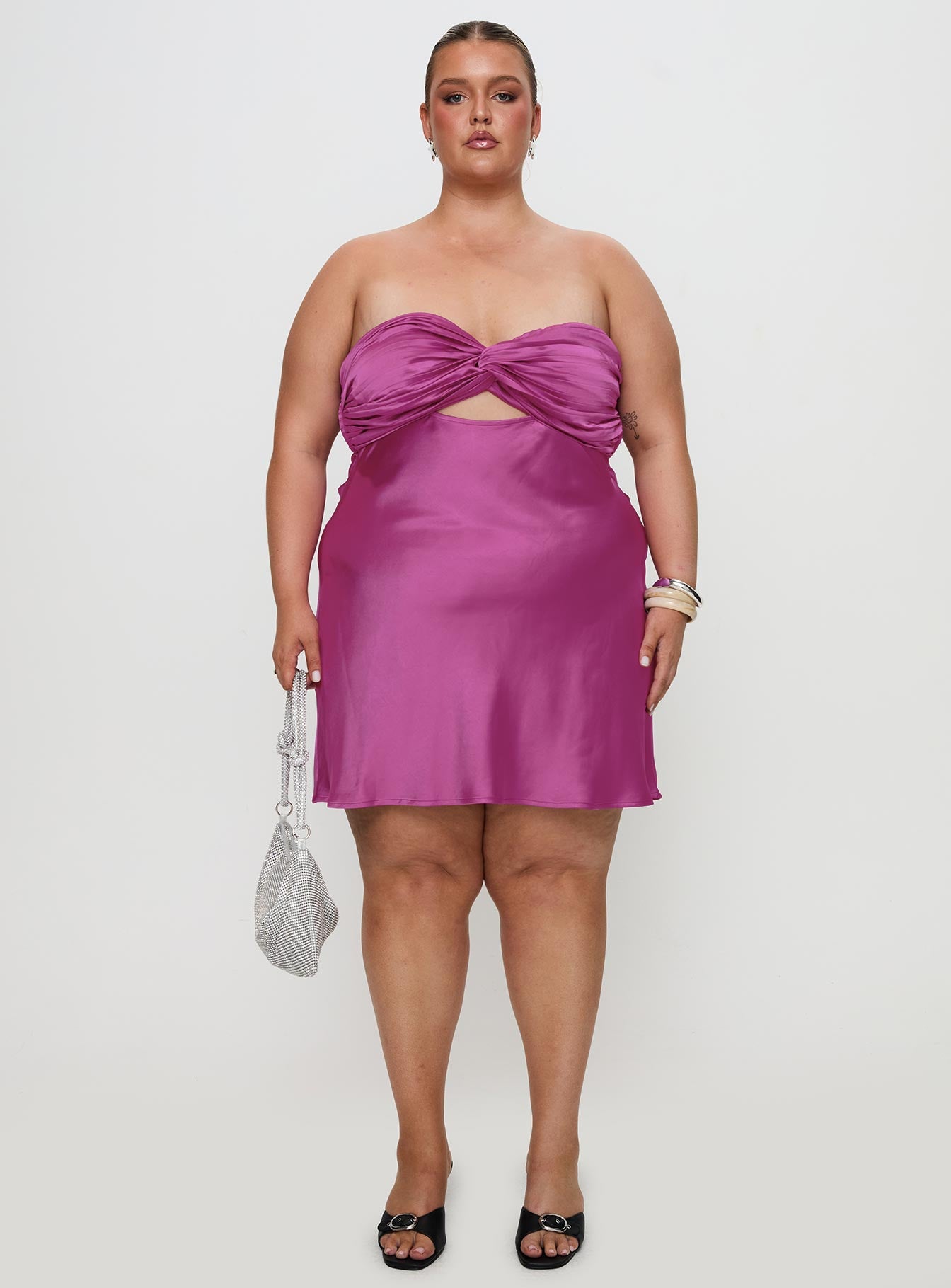 front view of model wearing Princess Polly Faviola Mini Dress Purple Curve Sweetheart Neckline 