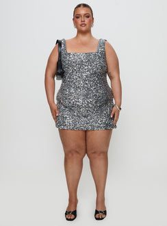 front view of model wearing Princess Polly Miss Me Sequin Mini Dress Silver Curve Square Neck 