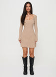 front view of model wearing Princess Polly Halycon Knit Mini Dress Oatmeal Scoop Neck 