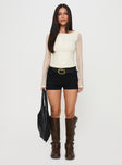 front view of model wearing Princess Polly Boxwood Long Sleeve Top Cream Full Sleeves Boat Neck 