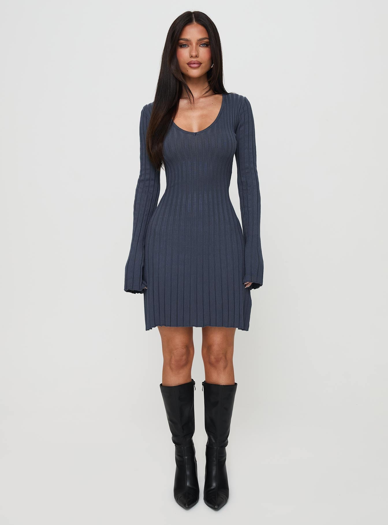 Liberte Ribbed Long Sleeve Mini Dress Charcoal | Princess Polly Liberte Ribbed Long Sleeve Mini Dress Charcoal | Princess Polly