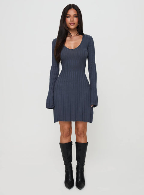 Liberte Ribbed Long Sleeve Mini Dress Charcoal | Princess Polly Liberte Ribbed Long Sleeve Mini Dress Charcoal | Princess Polly