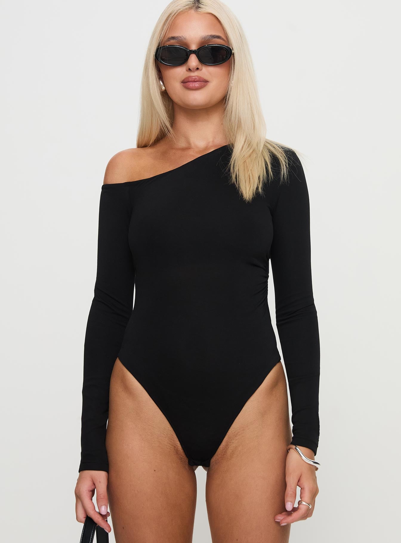 front view of model wearing Princess Polly Miyako Long Sleeve Bodysuit Black Long Sleeve Tops 