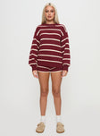 front view of model wearing Princess Polly Read Your Mind Knit Short Maroon Stripe High Waisted Shorts 