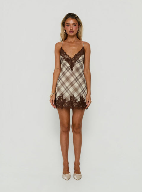 Call My Lover Lace Slip Mini Dress Brown Check