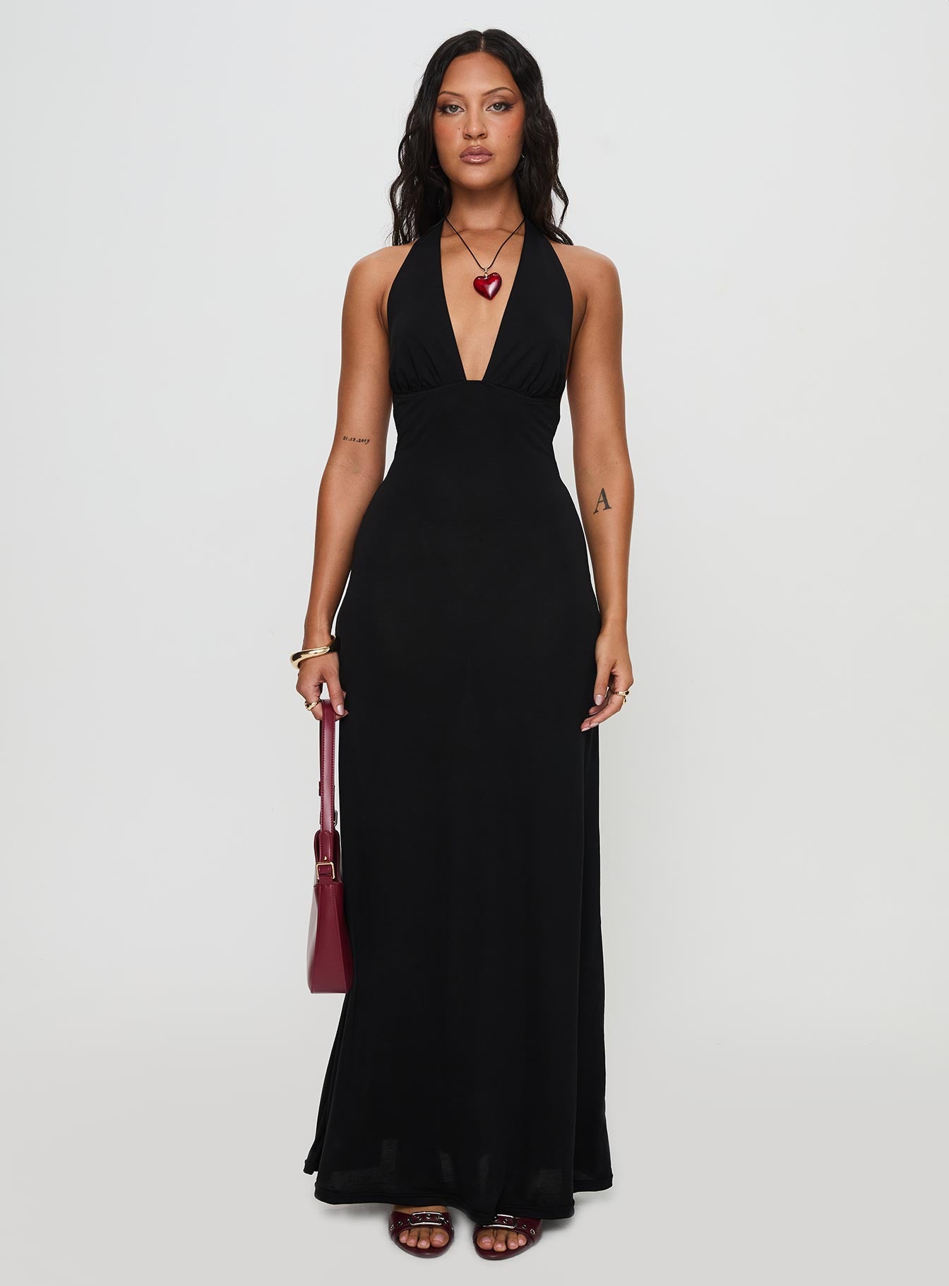 front view of model wearing Princess Polly Tinisie Maxi Dress Black Plunger 