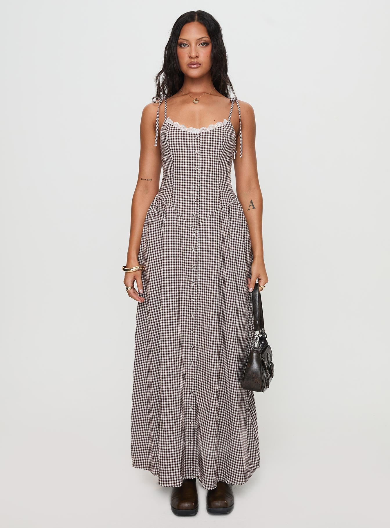 Dalanie Tie Strap Maxi Dress Brown Gingham | Princess Polly