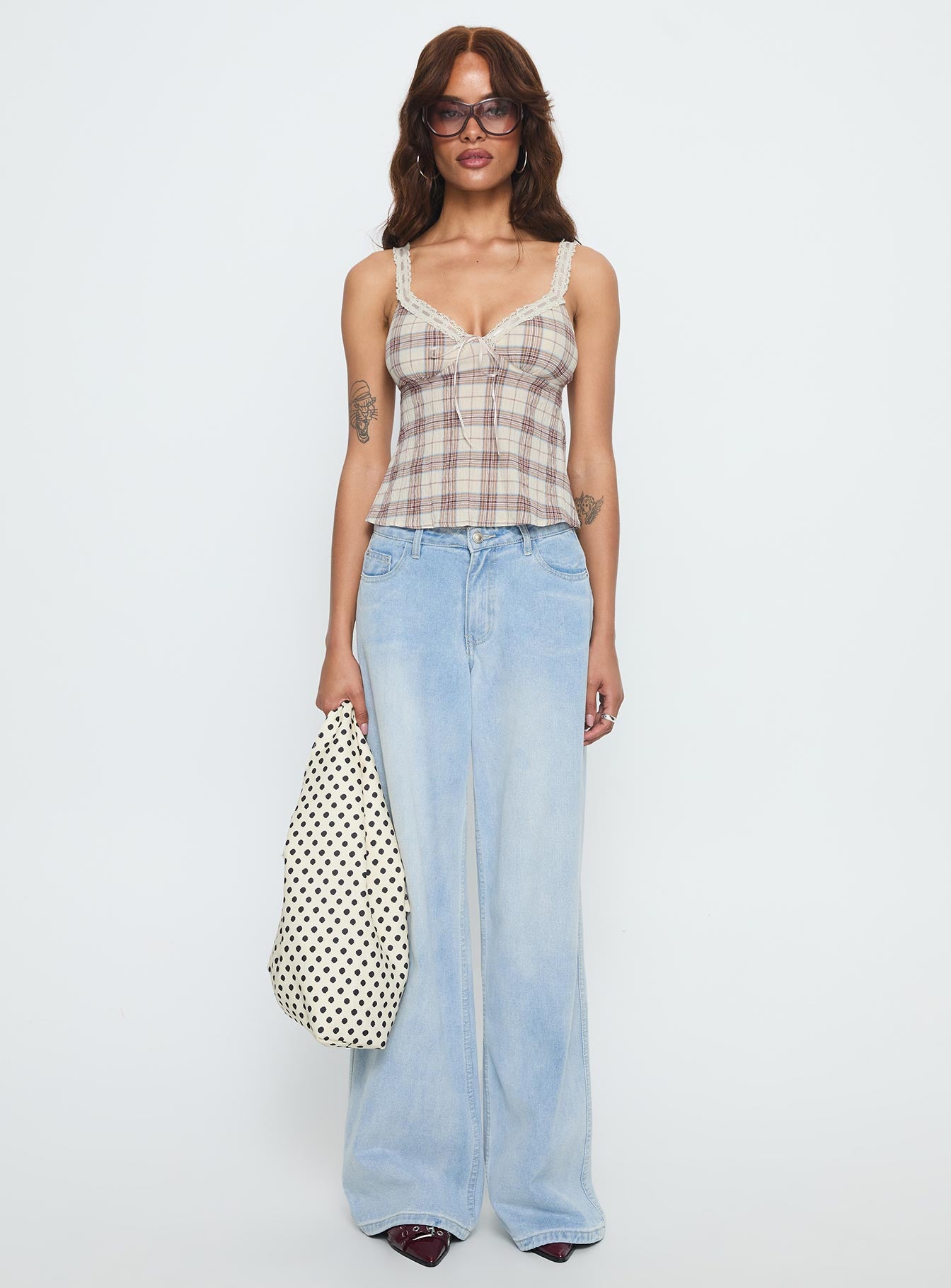 Pretty It Up Tie Detail Top Beige Check | Princess Polly