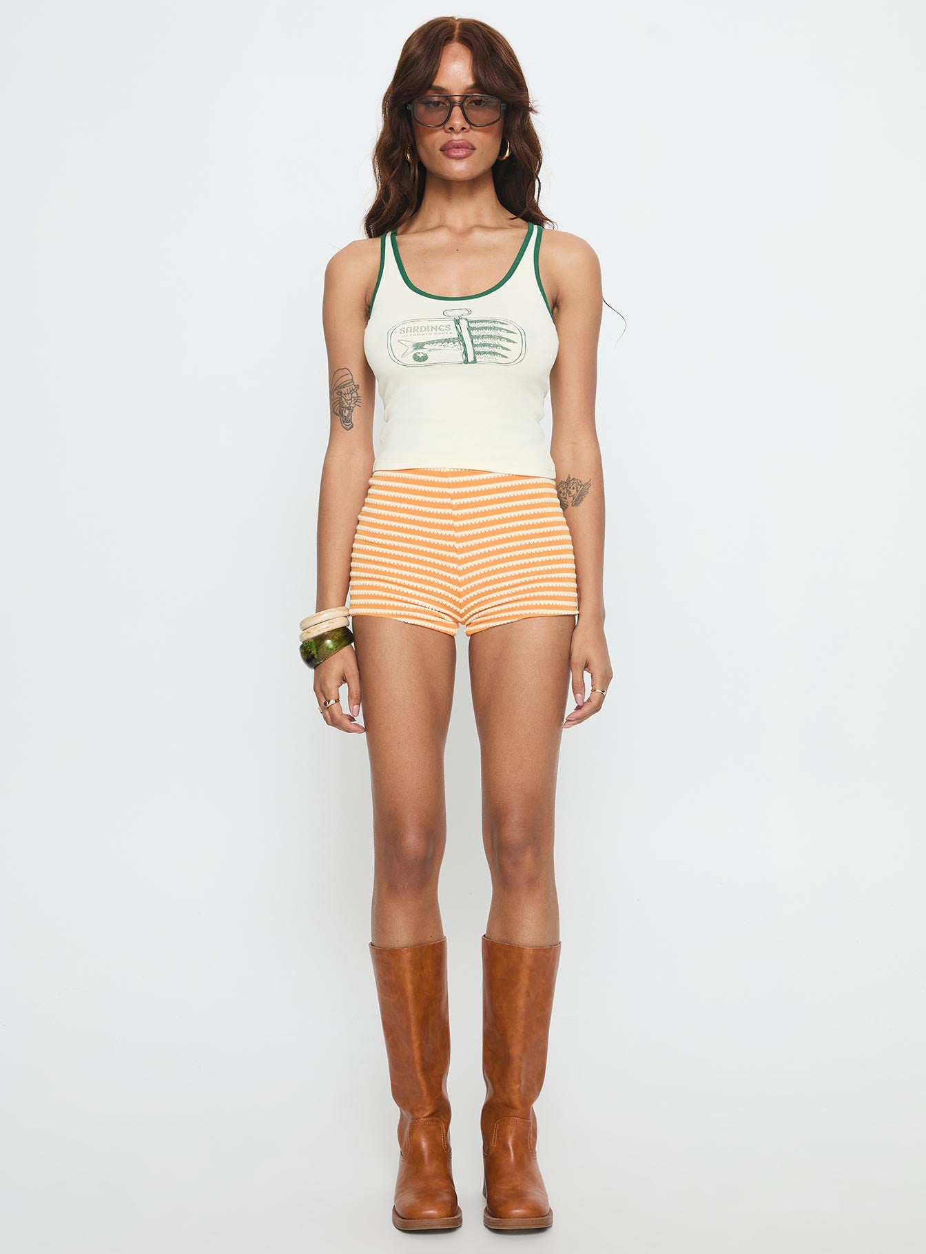 Sardina Contrast Trim Tank Top Cream / Green | Princess Polly