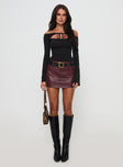   front view of model wearing Princess Polly Magee Faux Leather Mini Skirt Burgundy Mini Skirts 