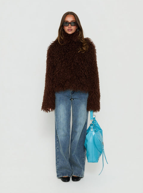 Kaiero Oversized Faux Fur Shag Jacket Brown