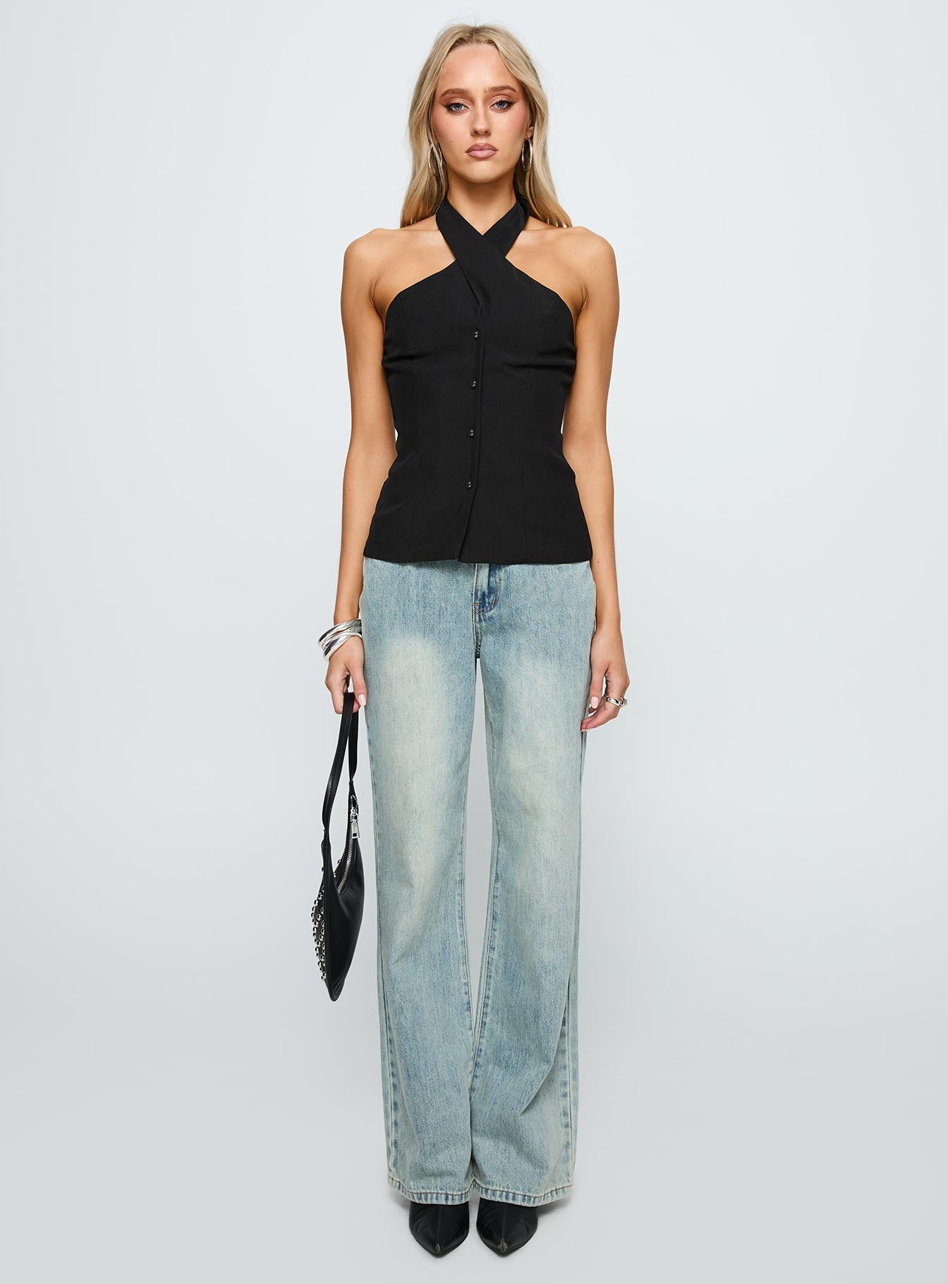 front view of model wearing Princess Polly Light Is Coming Cross Detail Top Black Sleeveless 