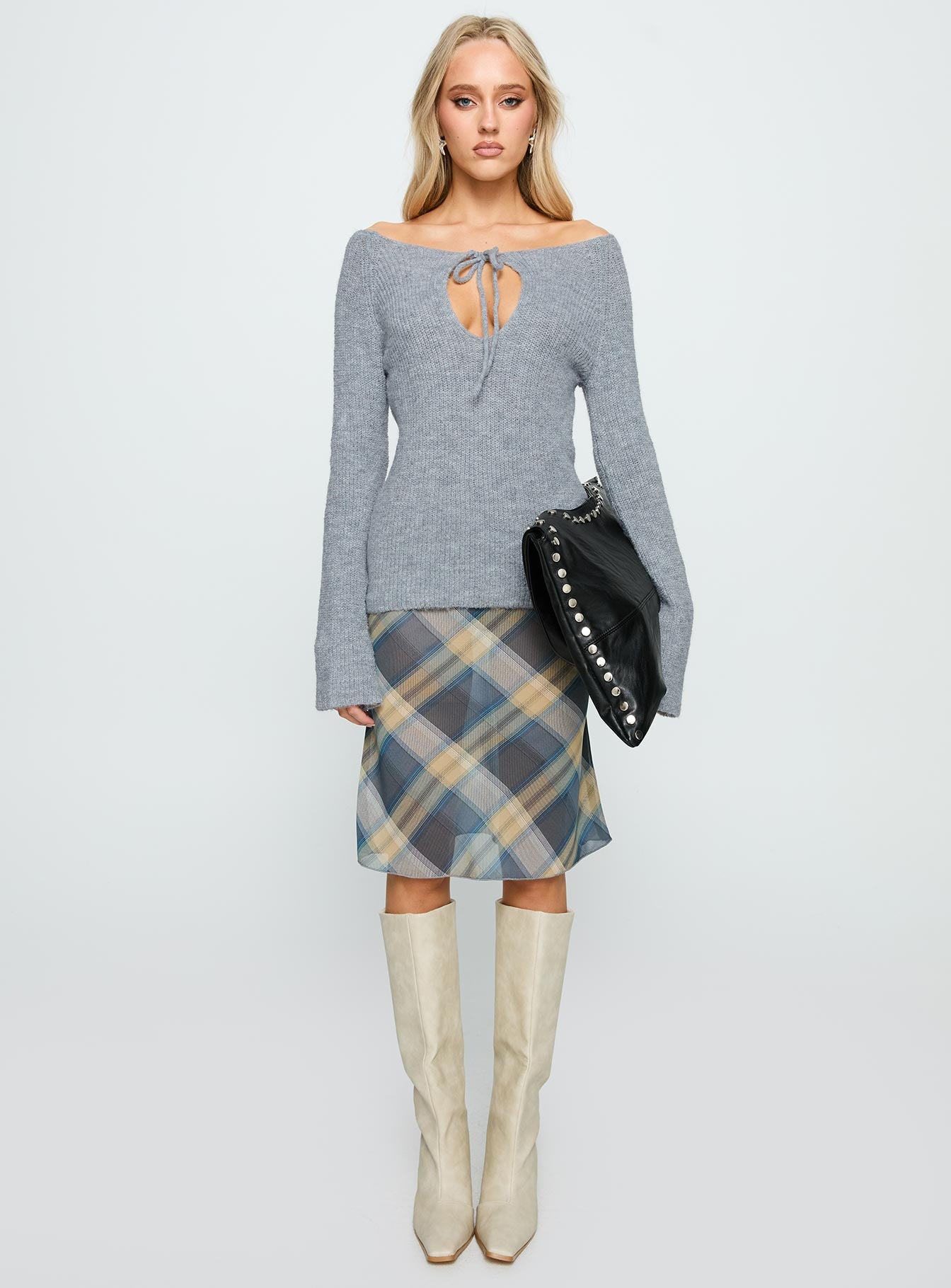 front view of model wearing Princess Polly Luxie Tie Detail Knit Sweater Grey 
