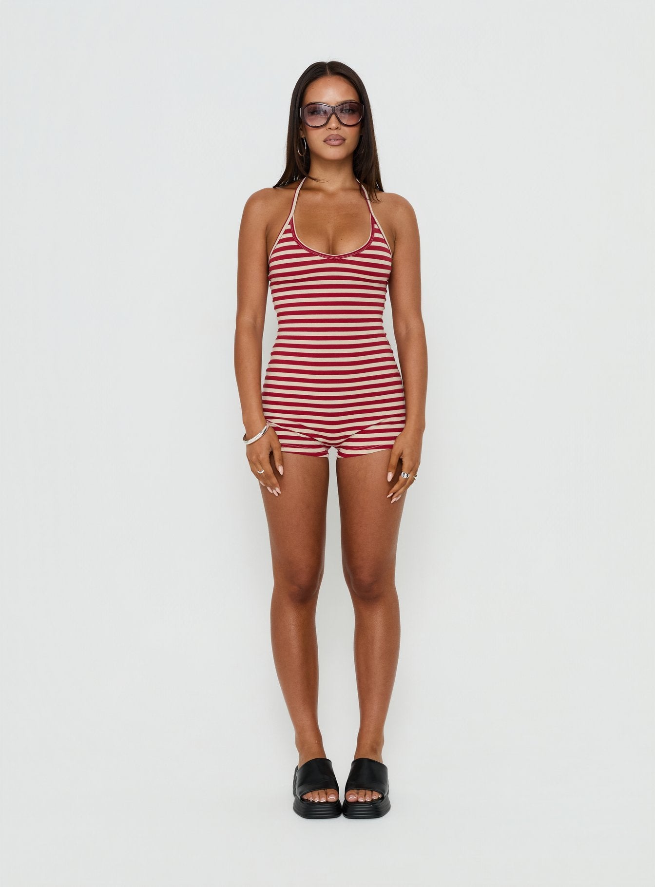 Watch Me Leave Halter Playsuit Red / White Stripe