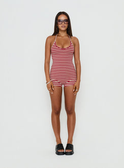 Watch Me Leave Halter Playsuit Red / White Stripe