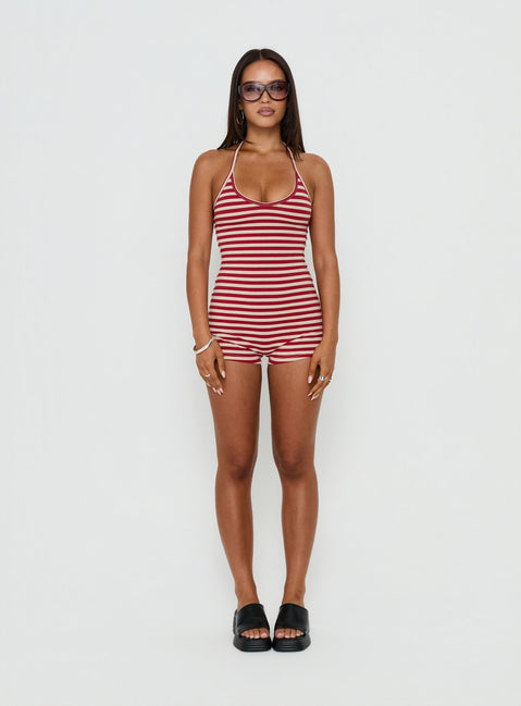 Watch Me Leave Halter Playsuit Red / White Stripe