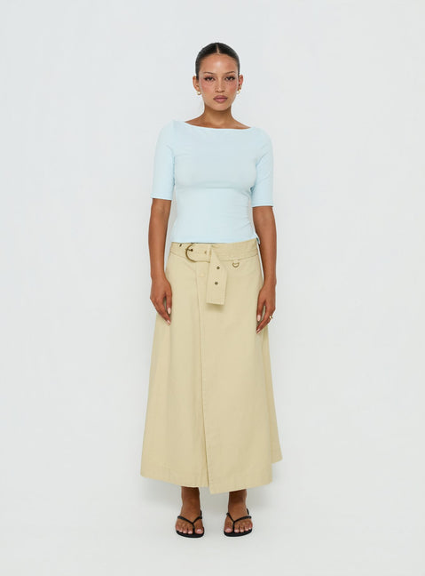 Showcasing the True Visions Belted Maxi Skirt Sand in womens-skirts with maxi length front view of model wearing Princess Polly