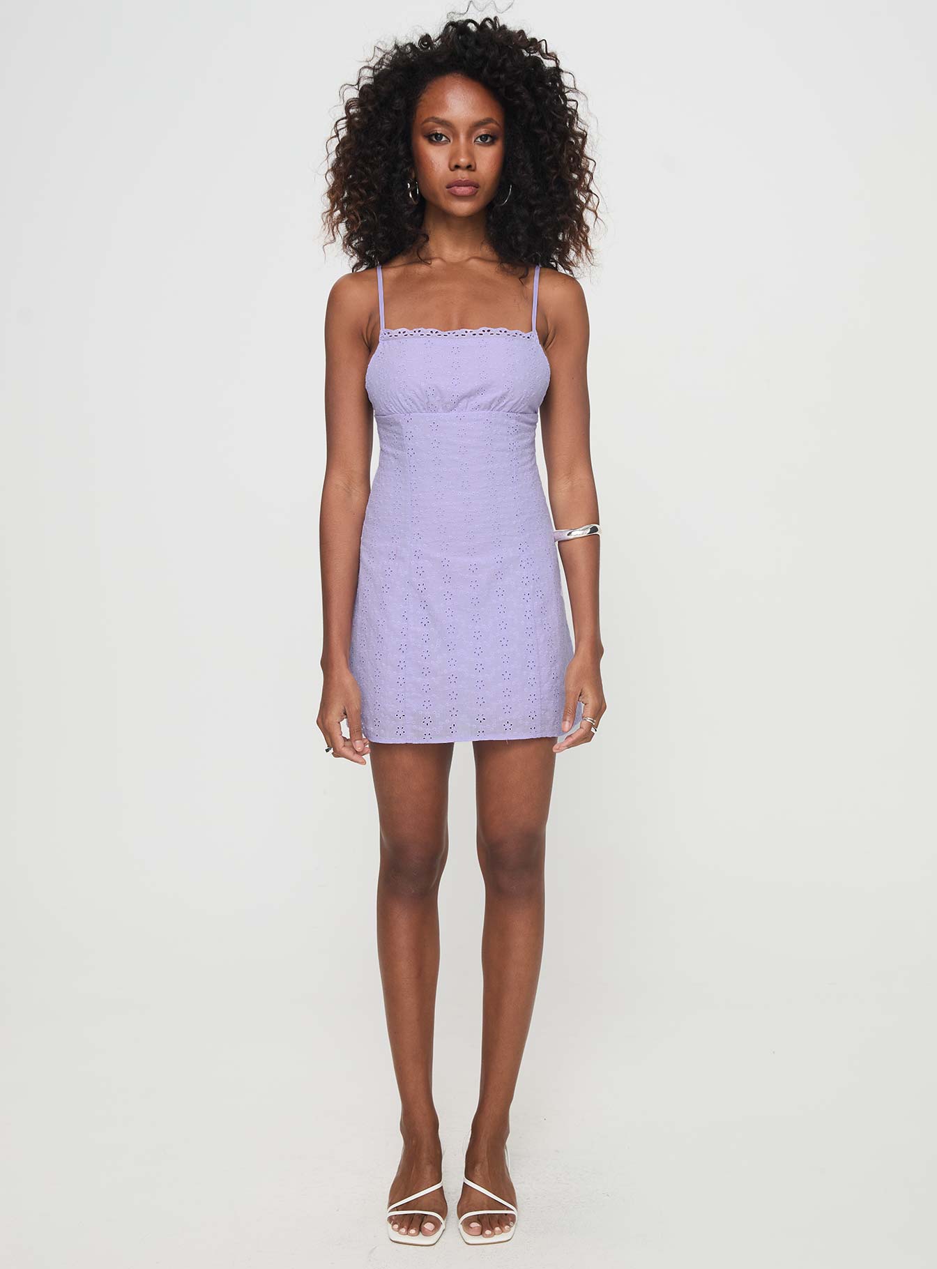 side view of model wearing Princess Polly Ebullient Lace Mini Dress Lilac Square Neck 