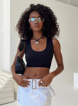 Crop top Scooped neckline Good stretch Lined front