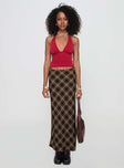   front view of model wearing Princess Polly Hayze Maxi Skirt Brown Check Maxi 