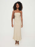 back view of model wearing Princess Polly Chrysa Strapless Maxi Dress Beige Straight Neck 