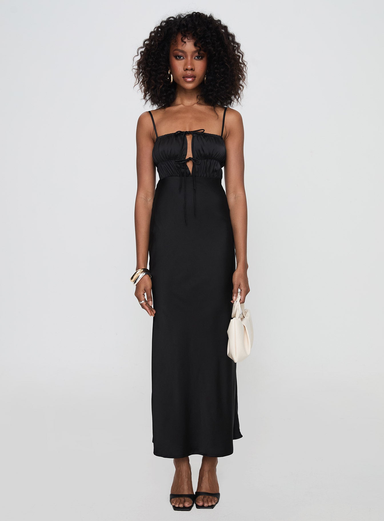 front view of model wearing Princess Polly Jaquelin Maxi Dress Black Square Neck 