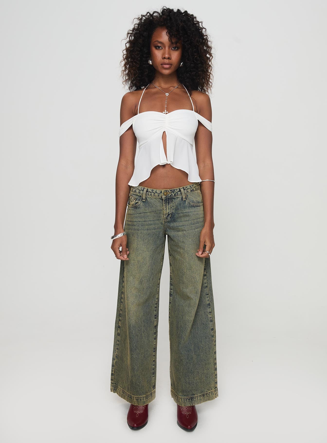 side view of model wearing Princess Polly Waylen Top White Short Sleeves Sweetheart 