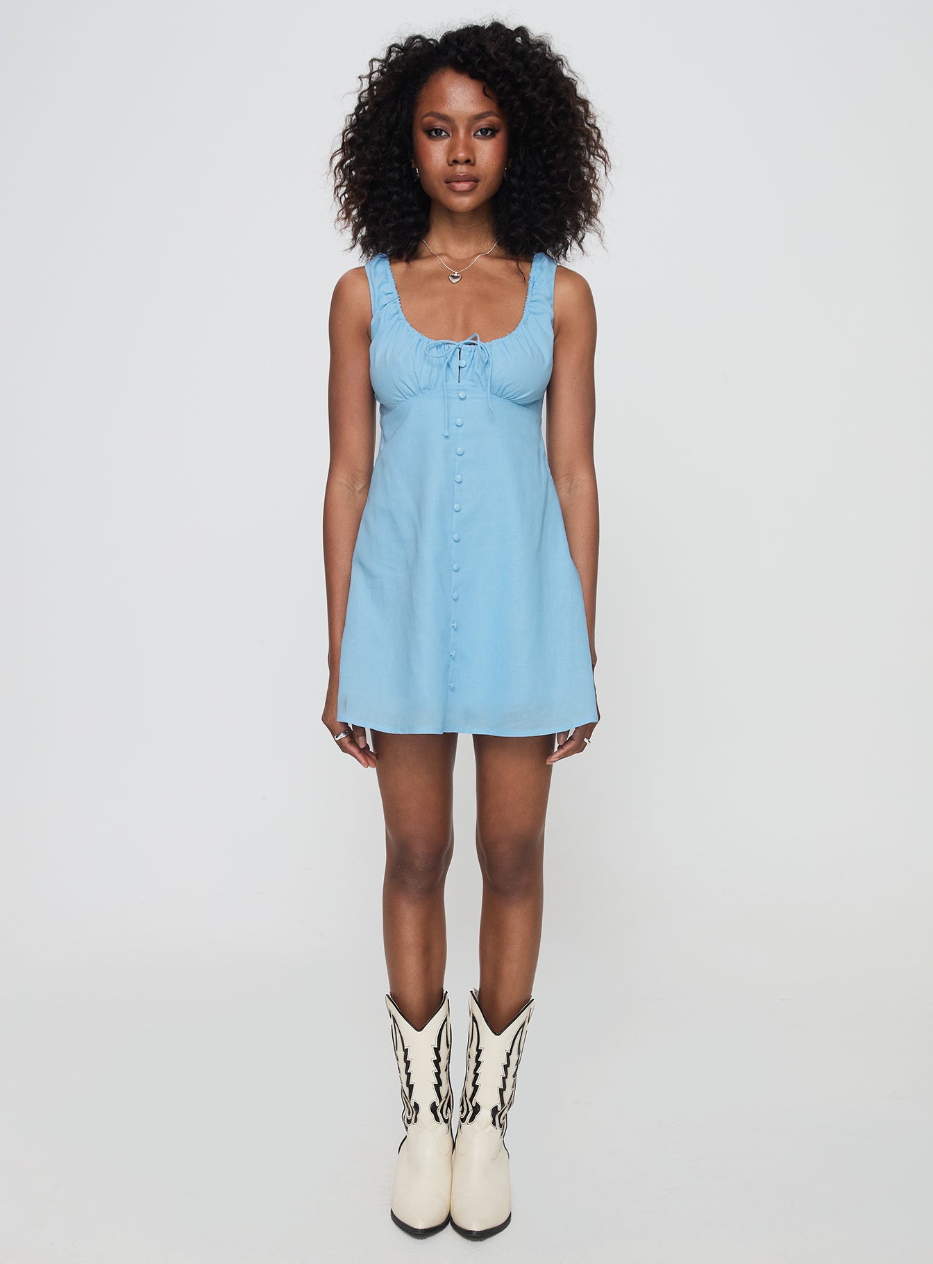 front view of model wearing Princess Polly Fiorello Mini Dress Blue Scoop Neck 