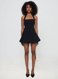 front view of model wearing Princess Polly Gigli Bubble Hem Mini Dress Black Petite Square Neck 