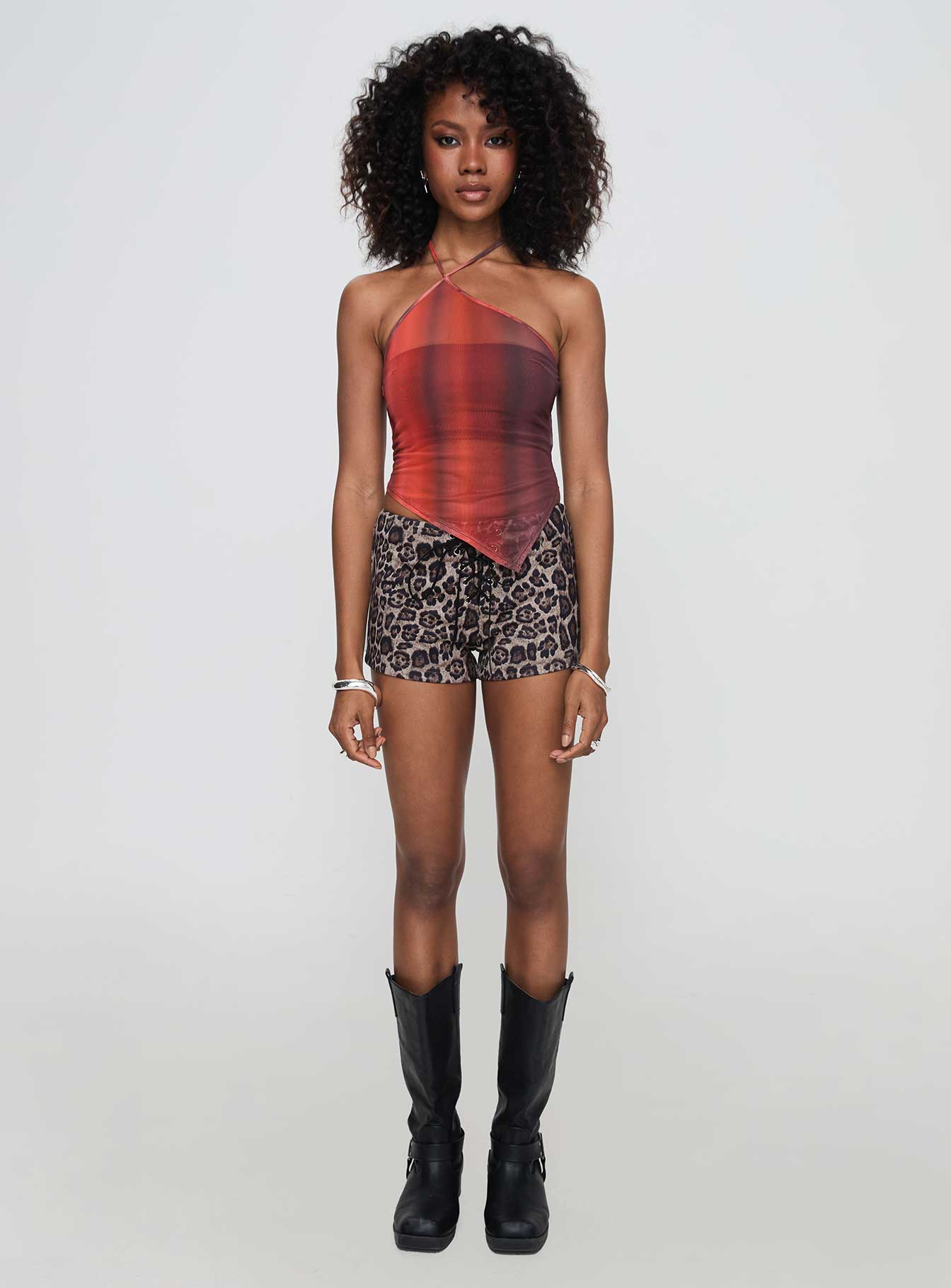 front view of model wearing Princess Polly Yimakie Top Multi Sleeveless Asymmetric Neckline 