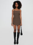 front view of model wearing Princess Polly Cookie Mini Dress Chocolate Scoop Neck 