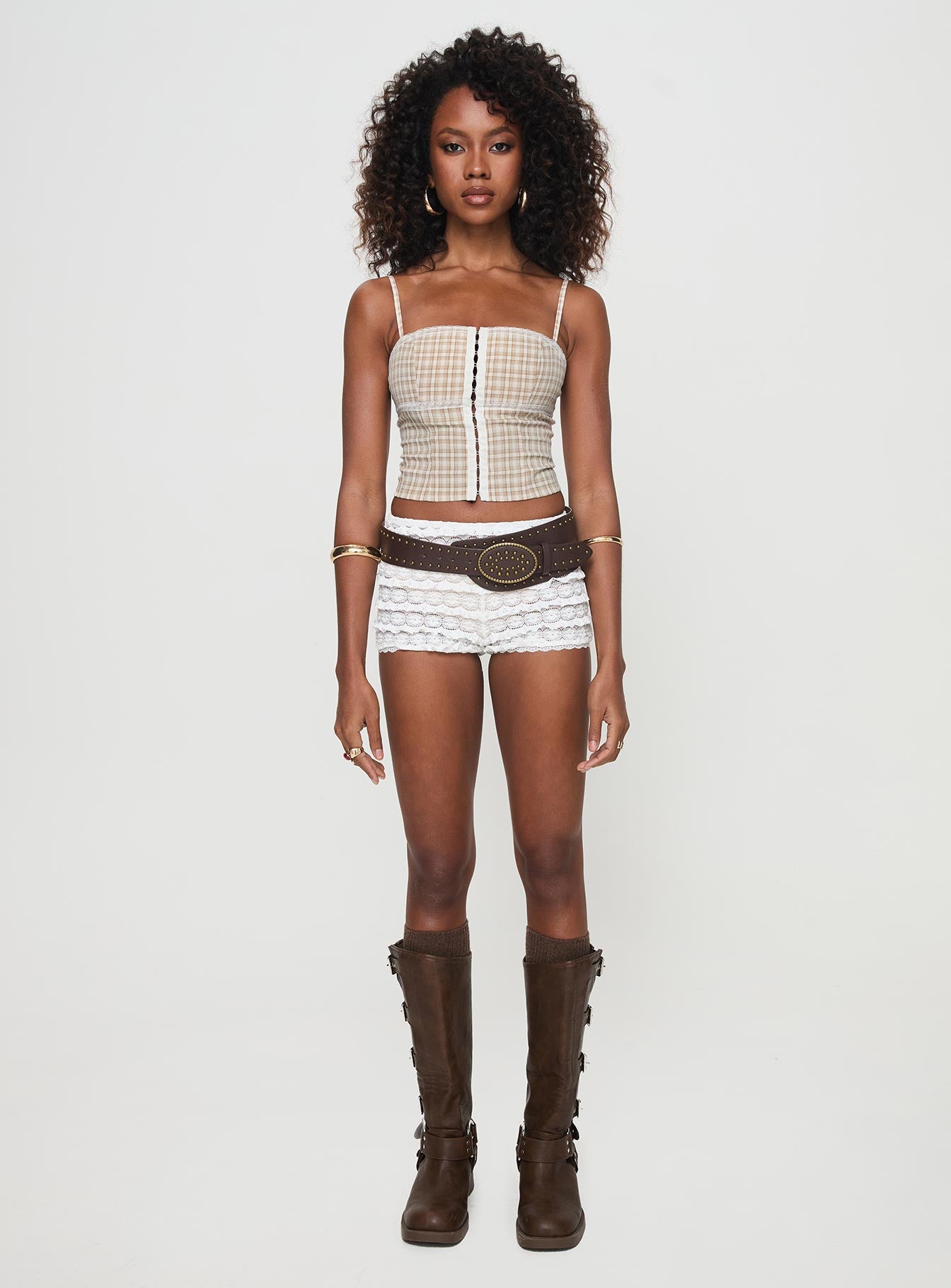 front view of model wearing Princess Polly Amaryllis Top Beige Sleeveless Square Neck 