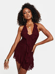 side view of model wearing Princess Polly Gina Asymmetric Mini Dress Burgundy Plunger 