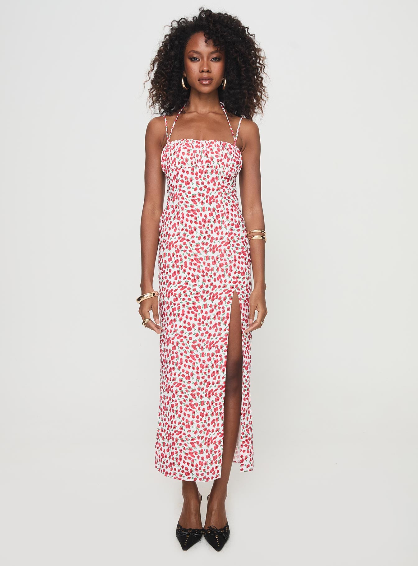 front view of model wearing Princess Polly Kish Maxi Dress Red Floral Square Neck 