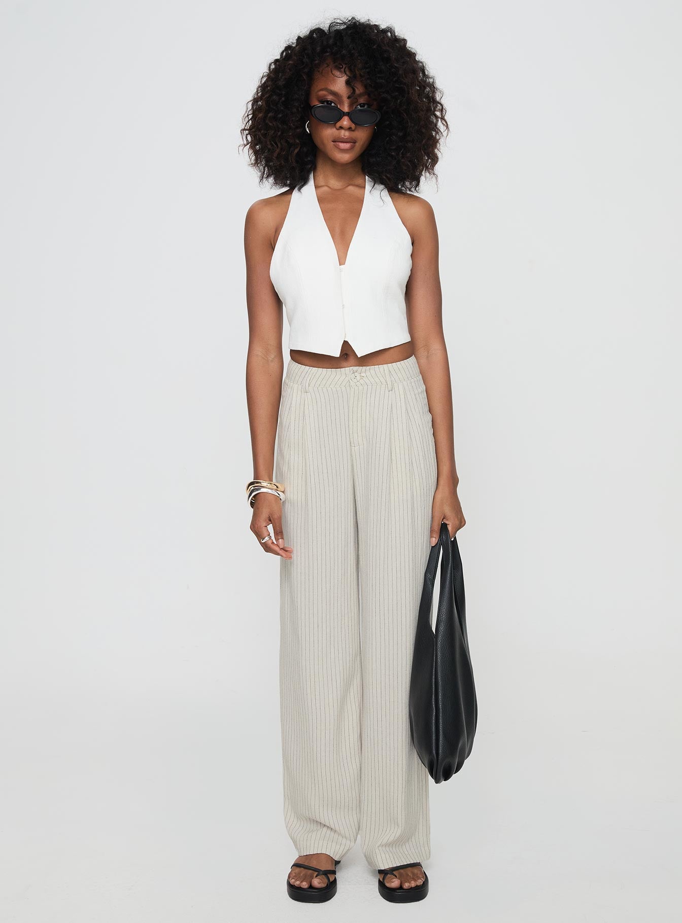 front view of model wearing Princess Polly Hayze Linen Pant Beige Pinstripe High Waisted Pants 