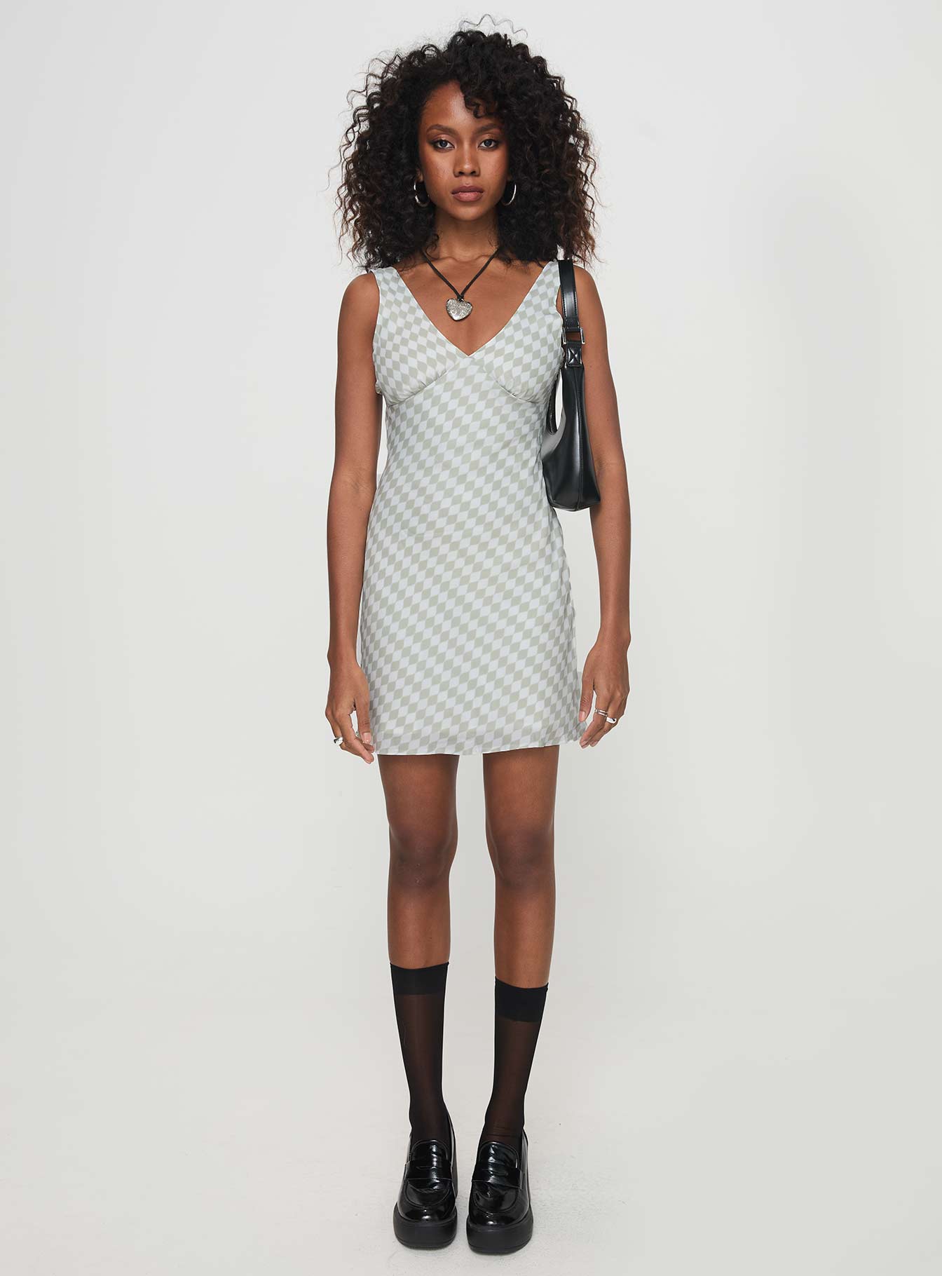 front view of model wearing Princess Polly Granberg Mini Dress Grey V-Neck 