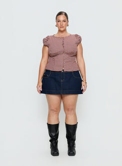 back view of model wearing Princess Polly Warna Low Rise Denim Mini Skirt Dark Wash Curve Mini Skirts 