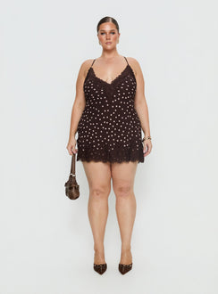 Call My Lover Lace Slip Mini Dress Brown Polka Curve