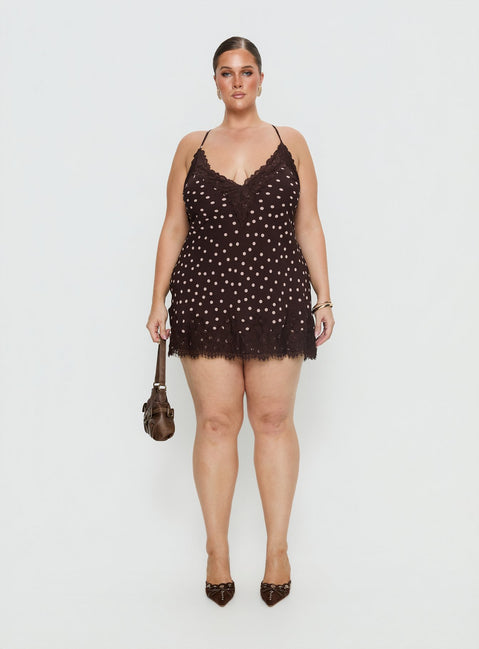 Call My Lover Lace Slip Mini Dress Brown Polka Curve