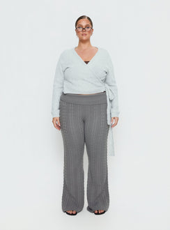 back view of model wearing Princess Polly Tonee Wrap Knit Cardigan Grey Curve cropped 